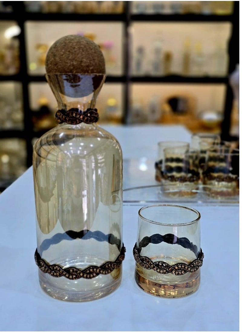 Elegant Glass Decanter Set With Cork Stopper Includes Six Matching Glasses Perfect For Serving Beverages In Style Handmade By Damanhoor