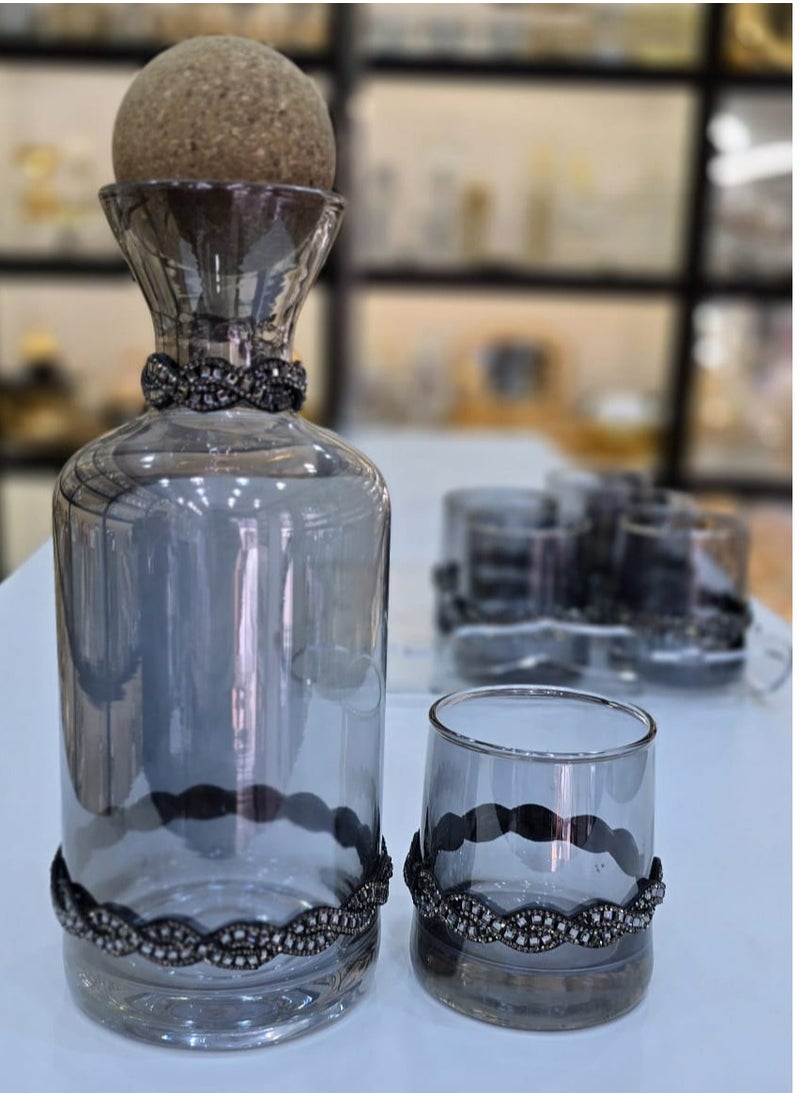 Elegant Glass Decanter Set With Cork Stopper Includes Six Matching Glasses Perfect For Serving Beverages In Style Handmade By Damanhoor