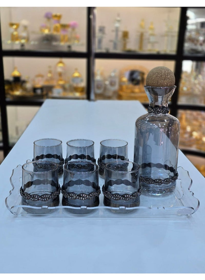 Elegant Glass Decanter Set With Cork Stopper Includes Six Matching Glasses Perfect For Serving Beverages In Style Handmade By Damanhoor
