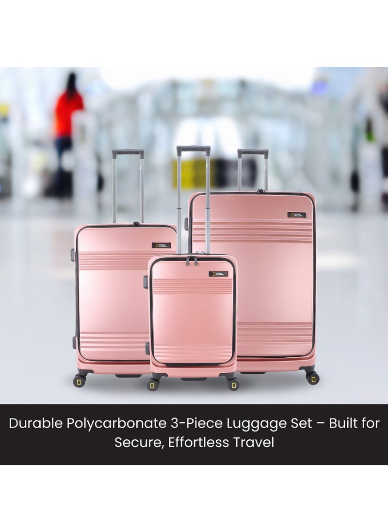 National Geographic Lodge Travel Suitcase Set, 100% PC Durable Lightweight Hard Shell Expandable Luggage, 4 Double Wheel, TSA Lock 3pcs Trolley Bag Rose Gold (20+24+28 Inch).