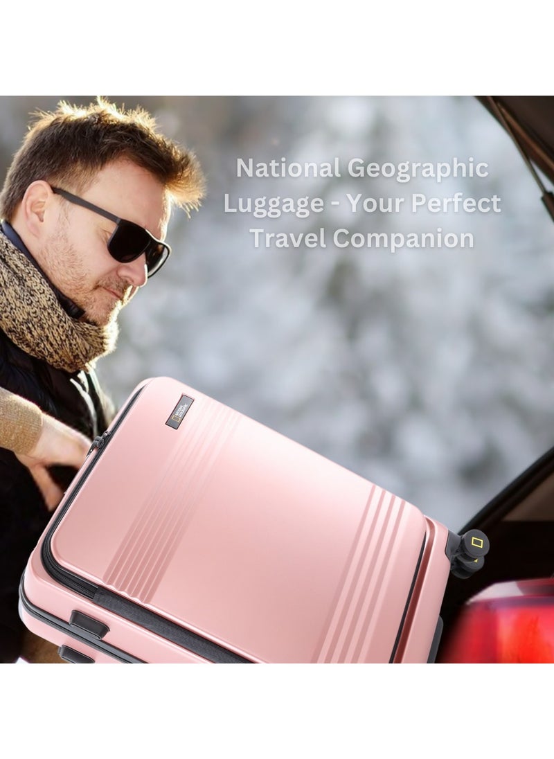 National Geographic Lodge Travel Suitcase Set, 100% PC Durable Lightweight Hard Shell Expandable Luggage, 4 Double Wheel, TSA Lock 3pcs Trolley Bag Rose Gold (20+24+28 Inch).
