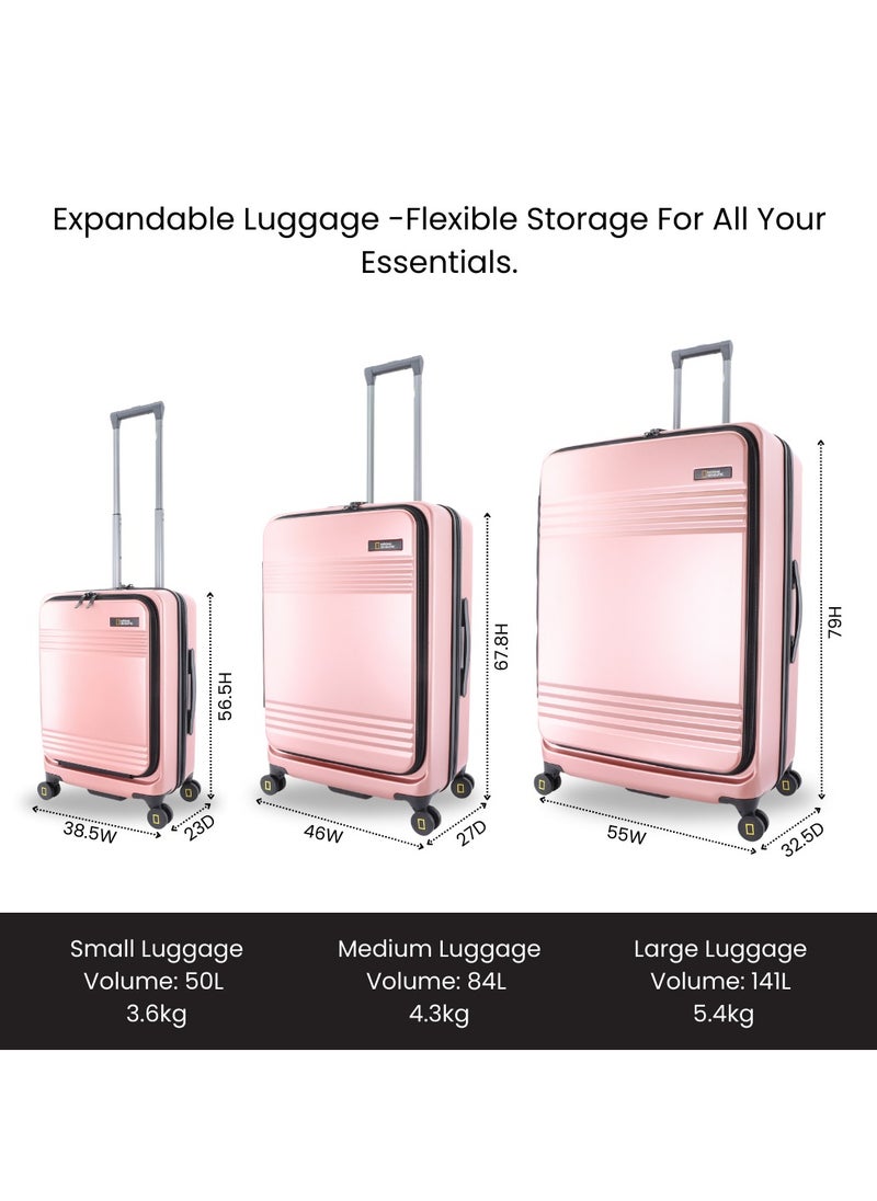 National Geographic Lodge Travel Suitcase Set, 100% PC Durable Lightweight Hard Shell Expandable Luggage, 4 Double Wheel, TSA Lock 3pcs Trolley Bag Rose Gold (20+24+28 Inch).