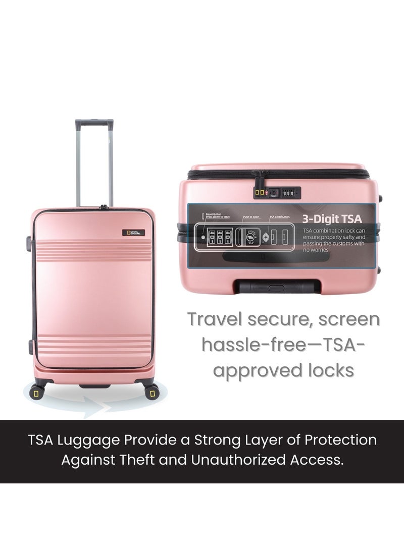 National Geographic Lodge Travel Suitcase Set, 100% PC Durable Lightweight Hard Shell Expandable Luggage, 4 Double Wheel, TSA Lock 3pcs Trolley Bag Rose Gold (20+24+28 Inch).