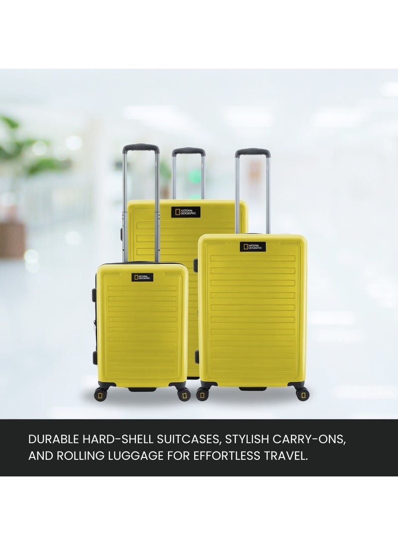 National Geographic Cruise 100% PC Hardshell Suitcase Set, Durable Lightweight  TSA Combination Lock Travel Luggage, 4 Quite Spinner Wheel, 3pcs Trolley Bag (20+24+28 Inch) Yellow.