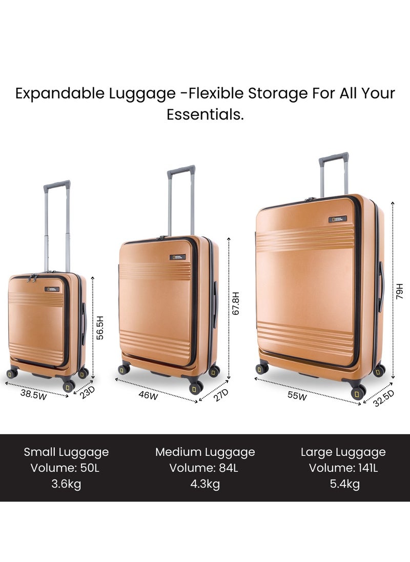 National Geographic Lodge Travel Suitcase Set, 100% PC Durable Lightweight Hard Shell Expandable Luggage, 4 Double Wheel, TSA Lock 3pcs Trolley Bag Copper (20+24+28 Inch).