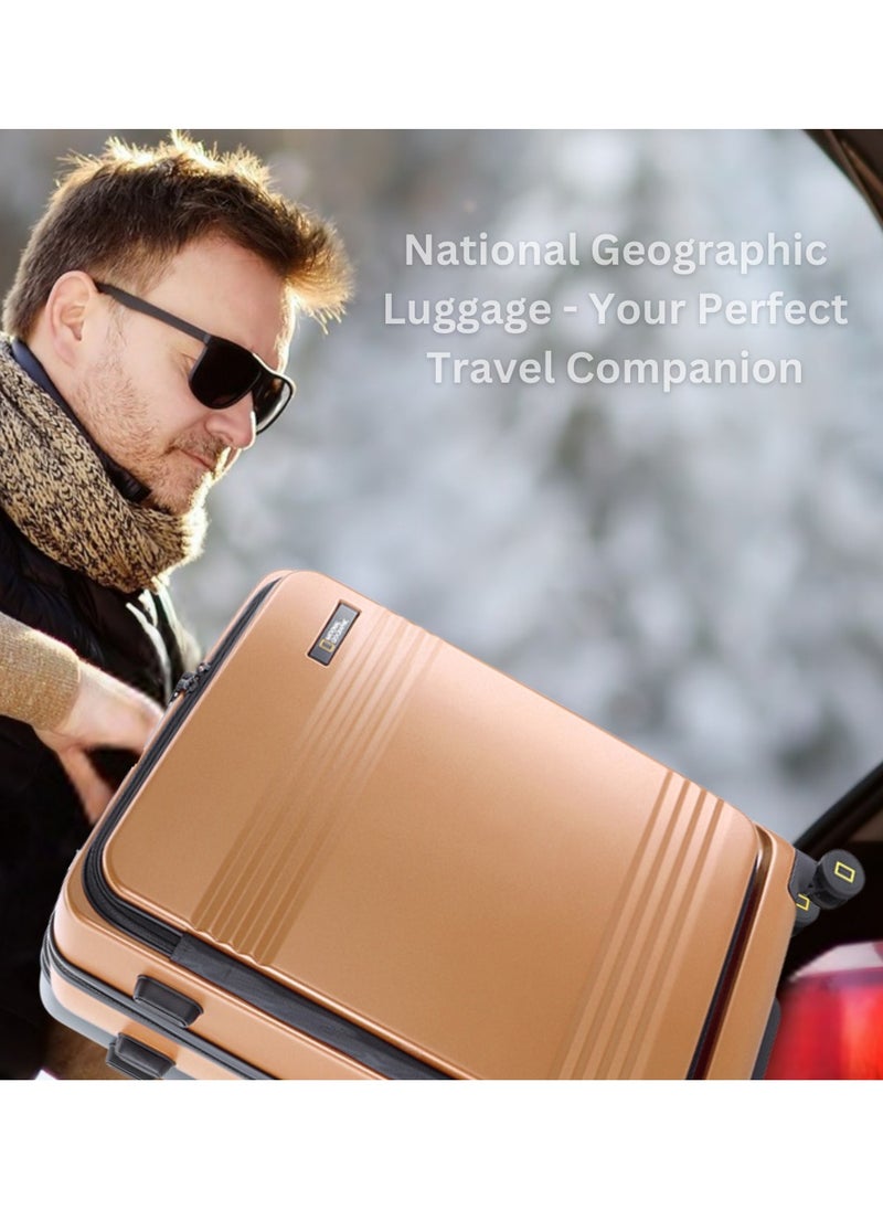 National Geographic Lodge Travel Suitcase Set, 100% PC Durable Lightweight Hard Shell Expandable Luggage, 4 Double Wheel, TSA Lock 3pcs Trolley Bag Copper (20+24+28 Inch).