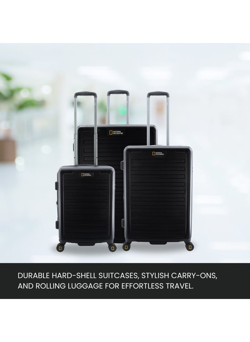 National Geographic Cruise 100% PC Hardshell Suitcase Set, Durable Lightweight  TSA Combination Lock Travel Luggage, 4 Quite Spinner Wheel, 3pcs Trolley Bag (20+24+28 Inch) Black.
