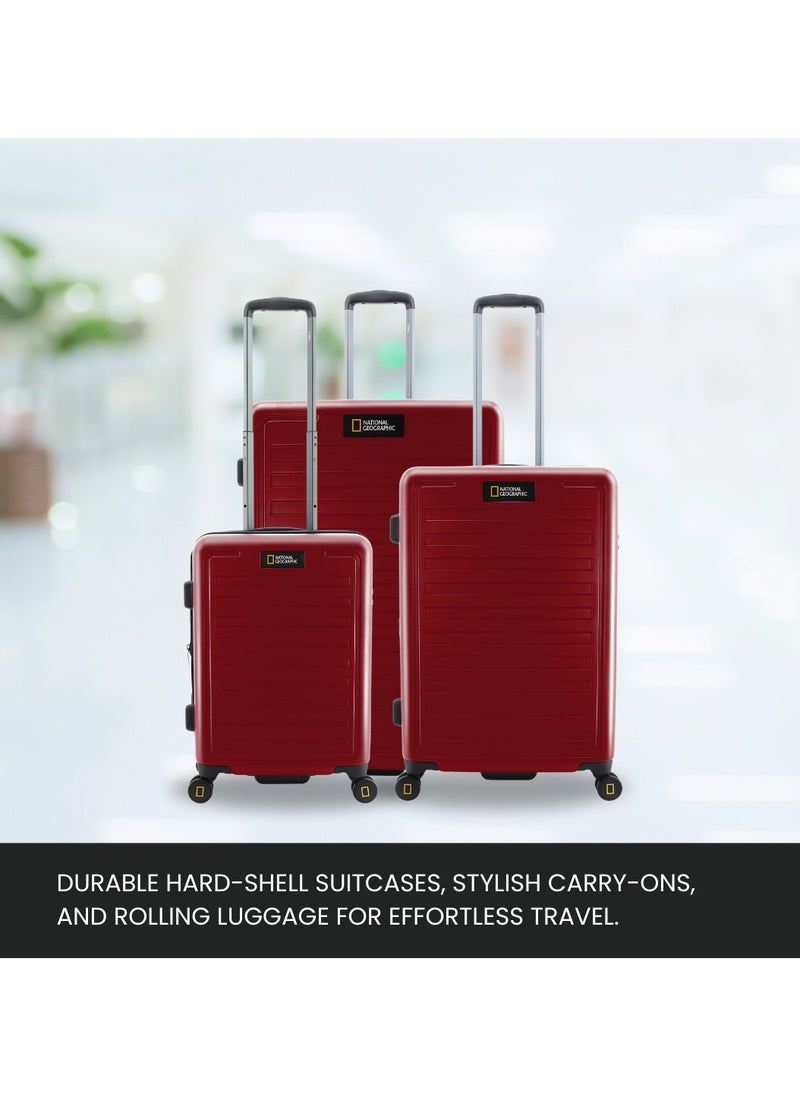 National Geographic Cruise 100% PC Hardshell Suitcase Set, Durable Lightweight  TSA Combination Lock Travel Luggage, 4 Quite Spinner Wheel, 3pcs Trolley Bag (20+24+28 Inch) Burgundy.