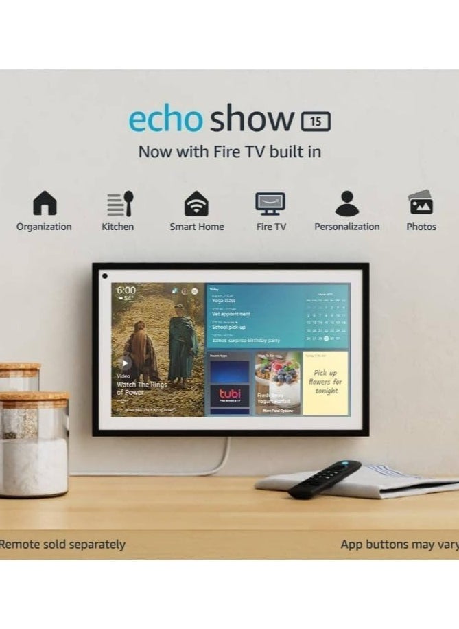 Echo Show 15 with Alexa 15.6-inch HD Touch Display Wireless Wi-Fi and Bluetooth Connectivity Built-in Microphone Dual 1.6-inch Full-Range Speakers 5MP Camera Wall Mount Latest Version - Black