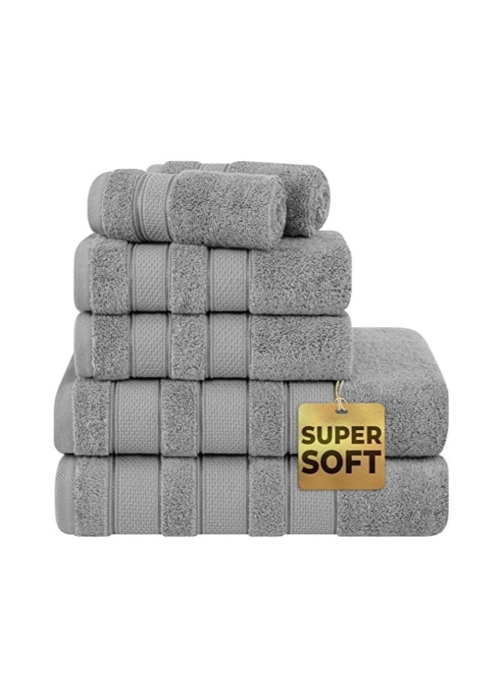 6-Piece Towel Set 100% Turkish Genuine Cotton Super Soft & Absorbent Luxury Hotel Quality 600 GSM Cotton Bathroom Towels, 2 Bath Towels, 2 Hand Towels, 2 Washcloths, Light Grey