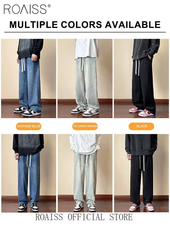 Retro Loose Tether Mid Waist Jeans for Men Versatile Casual Premium Cotton Straight Pants Mens Comfortable Breathable Skin-Friendly Trousers with Environmentally Friendly Dyeing Process