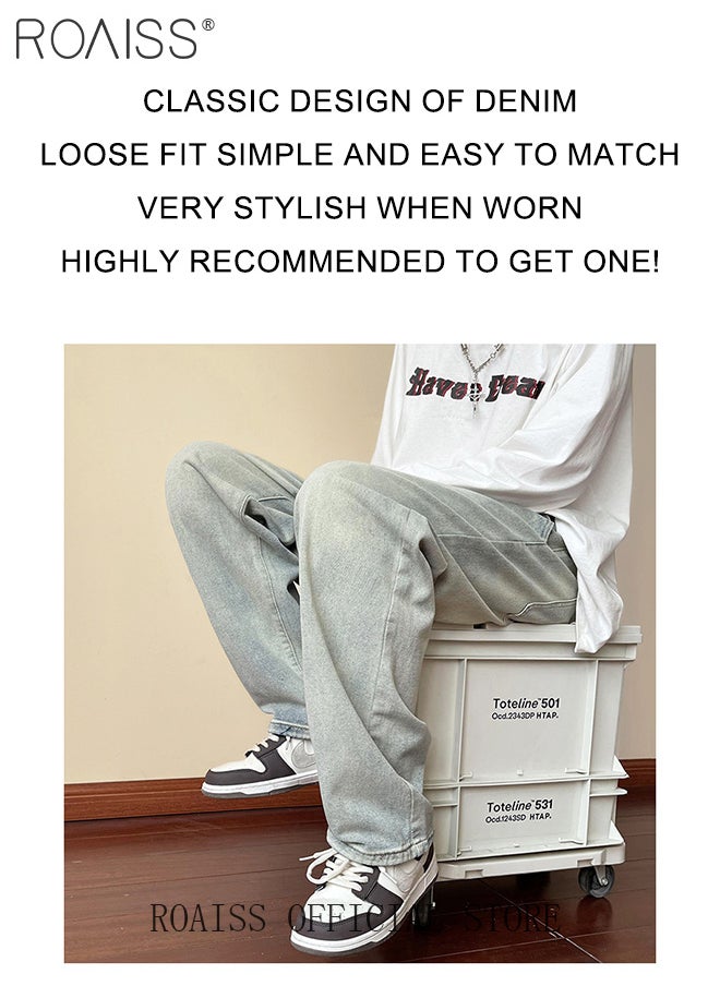 Retro Loose Tether Mid Waist Jeans for Men Versatile Casual Premium Cotton Straight Pants Mens Comfortable Breathable Skin-Friendly Trousers with Environmentally Friendly Dyeing Process