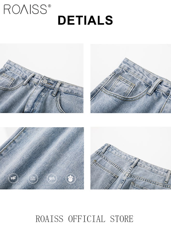 Retro Loose Tether Mid Waist Jeans for Men Versatile Casual Premium Cotton Straight Pants Mens Comfortable Breathable Skin-Friendly Trousers with Environmentally Friendly Dyeing Process