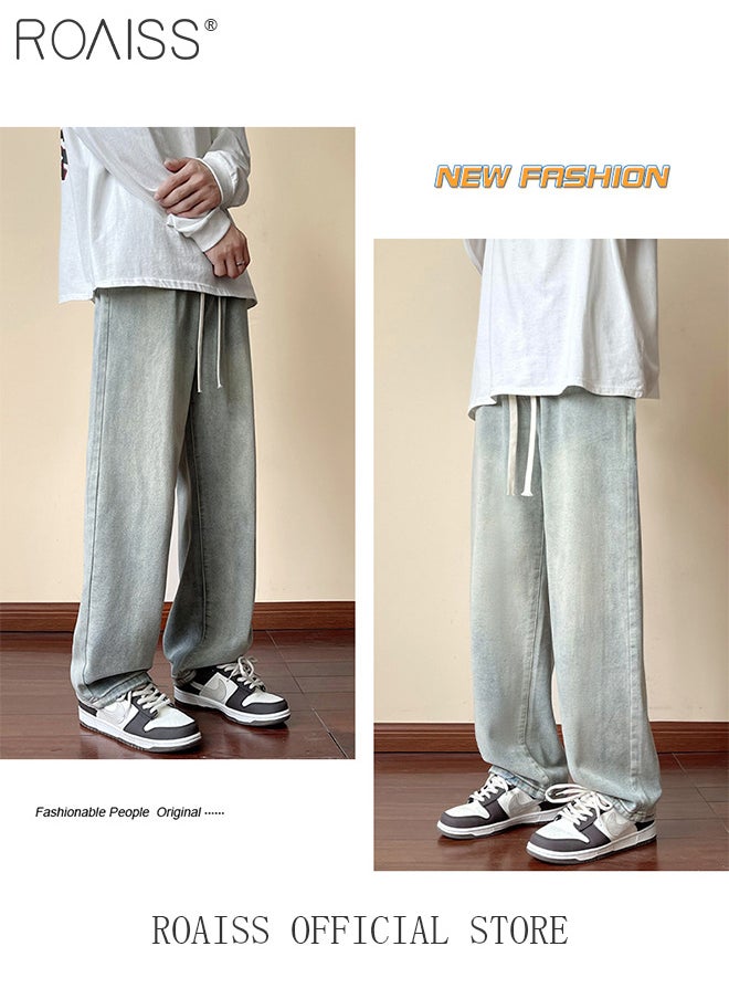 Retro Loose Tether Mid Waist Jeans for Men Versatile Casual Premium Cotton Straight Pants Mens Comfortable Breathable Skin-Friendly Trousers with Environmentally Friendly Dyeing Process