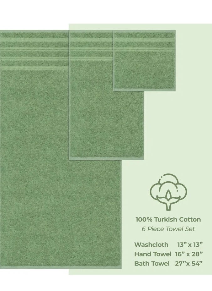 Towel Set Luxury Hotel Quality 600 GSM Genuine Combed Cotton, Super Soft & Absorbent Family Bath Towels 6 Piece Set -  2 Bath Towels, 2 Hand Towels, 2 Washcloths - Sage Green