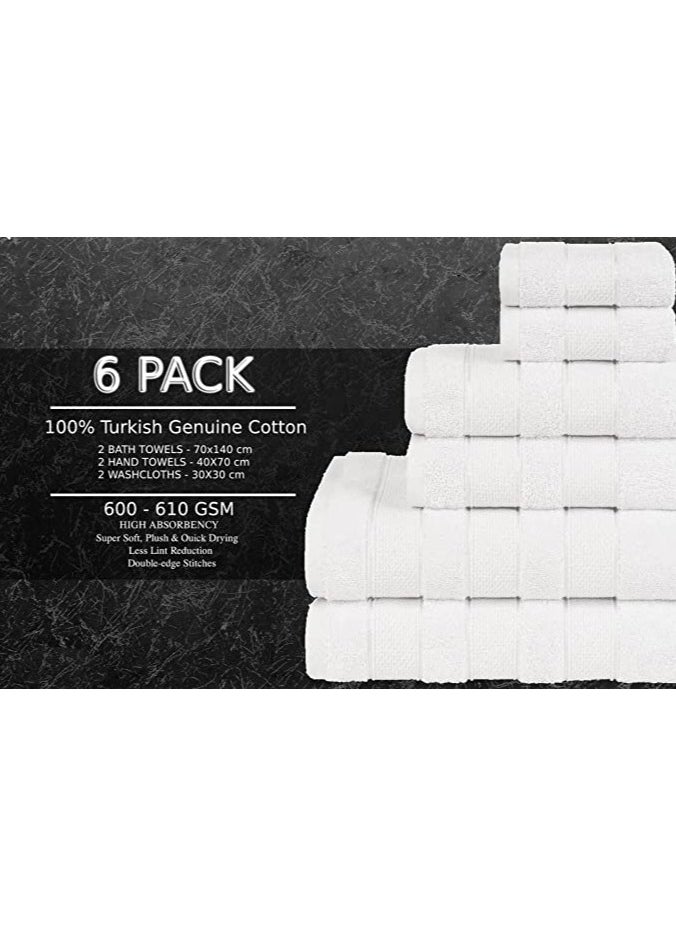 6-Piece Towel Set 100% Turkish Genuine Cotton Super Soft & Absorbent Luxury Hotel Quality 600 GSM Cotton Bathroom Towels, 2 Bath Towels, 2 Hand Towels, 2 Washcloths, Bright White