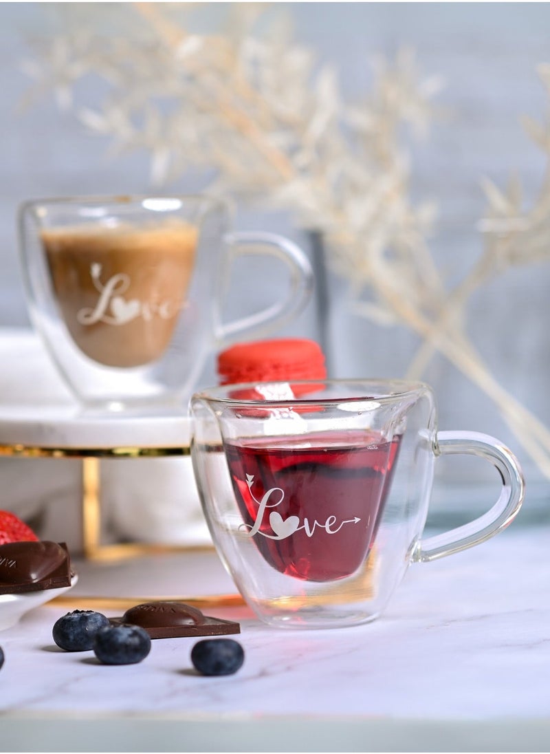 Double Wall Heart Shaped Love Printed Glass Mug with Handle 180 ML 2pcs Set Clear