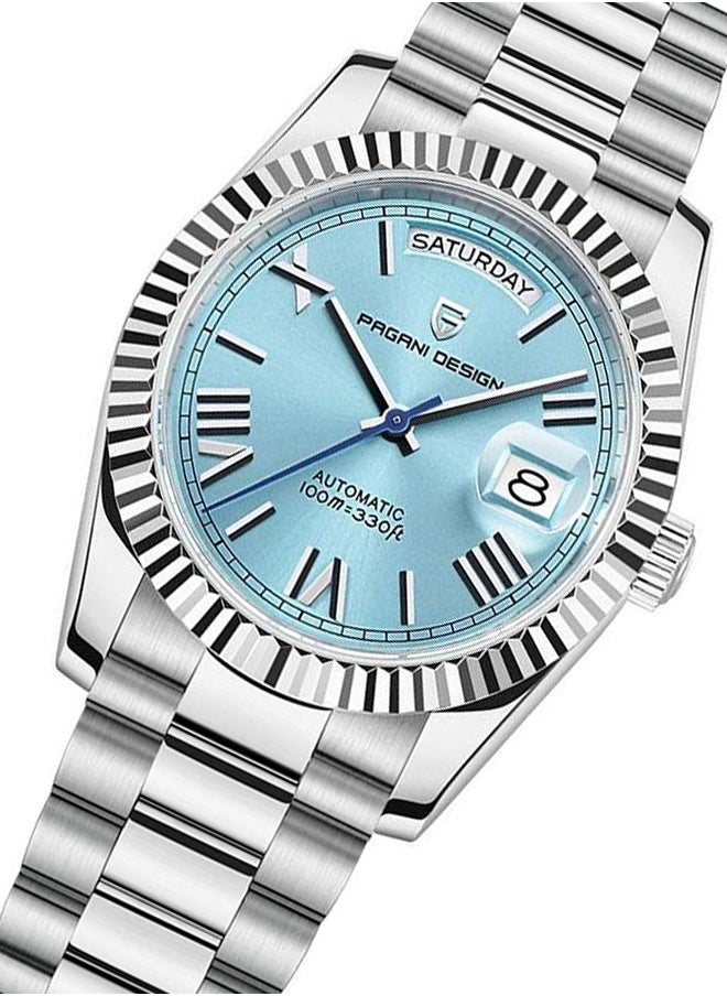 Men's 36mm Automatic Sky Blue Stainless Steel Mechanical Business Sports Watch, Transparent Case, Sturdy And Flexible Watch With Classic Folding Buckle, Men's Luxury Watch PD-1752 Sky Blue