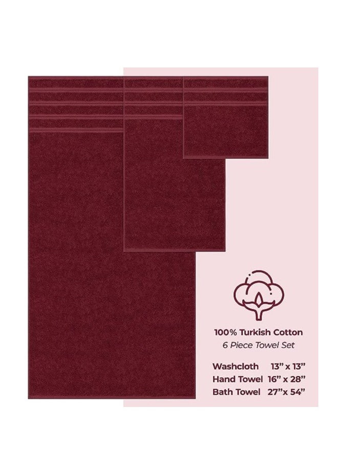Towel Set Luxury Hotel Quality 600 GSM Genuine Combed Cotton, Super Soft & Absorbent Family Bath Towels 6 Piece Set -  2 Bath Towels, 2 Hand Towels, 2 Washcloths - Bordeaux