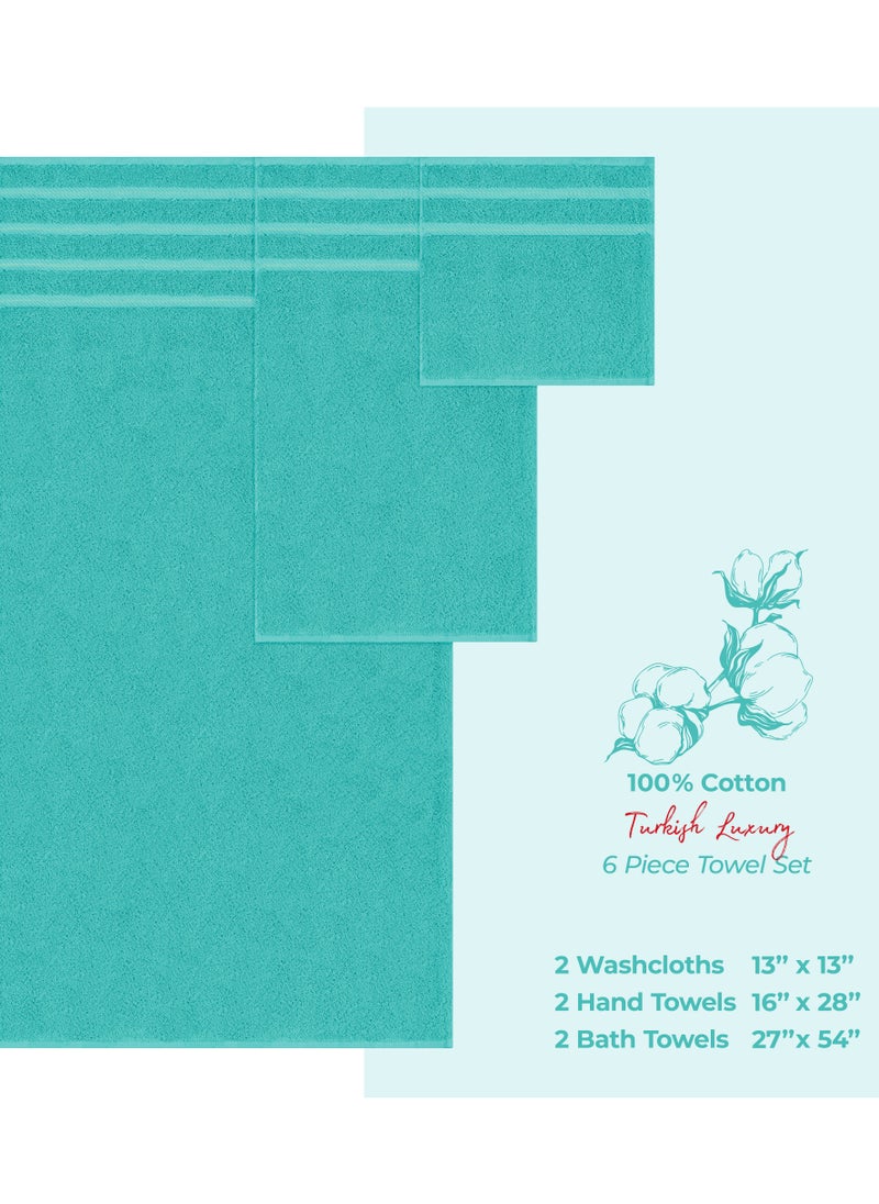 Towel Set Luxury Hotel Quality 600 GSM Genuine Combed Cotton, Super Soft & Absorbent Family Bath Towels 6 Piece Set -  2 Bath Towels, 2 Hand Towels, 2 Washcloths - Turquoise Blue