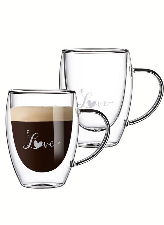 Romantic Borosilicate Double Wall Glass Mugs with Handle, 350ml - Love Print Design, Set of 2 - Perfect for Valentine's Day Gifting, Couples, Anniversaries & Special Occasions