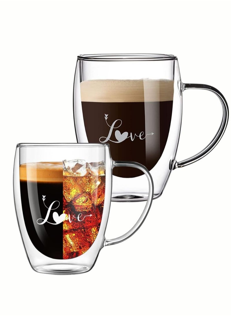 Romantic Borosilicate Double Wall Glass Mugs with Handle, 350ml - Love Print Design, Set of 2 - Perfect for Valentine's Day Gifting, Couples, Anniversaries & Special Occasions