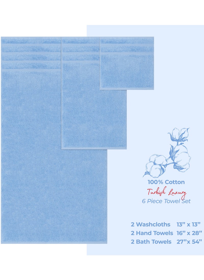 Towel Set Luxury Hotel Quality 600 GSM Genuine Combed Cotton, Super Soft & Absorbent Family Bath Towels 6 Piece Set -  2 Bath Towels, 2 Hand Towels, 2 Washcloths - Sky Blue