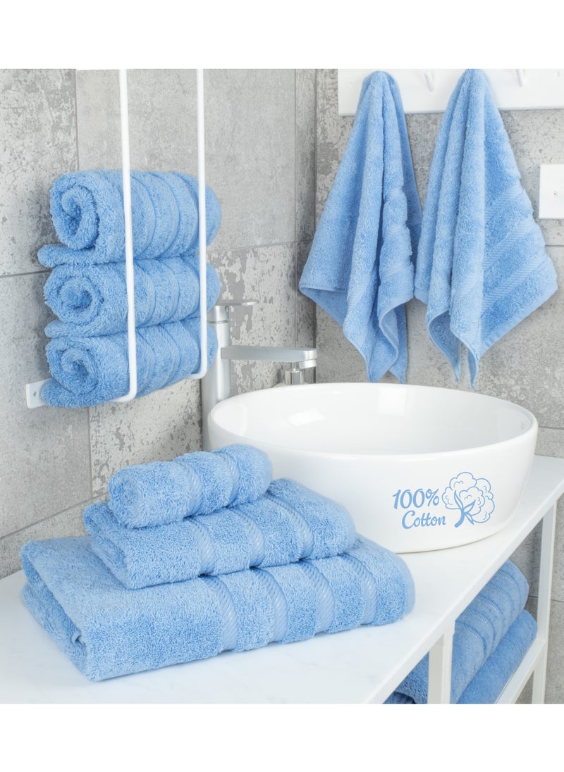 Towel Set Luxury Hotel Quality 600 GSM Genuine Combed Cotton, Super Soft & Absorbent Family Bath Towels 6 Piece Set -  2 Bath Towels, 2 Hand Towels, 2 Washcloths - Sky Blue