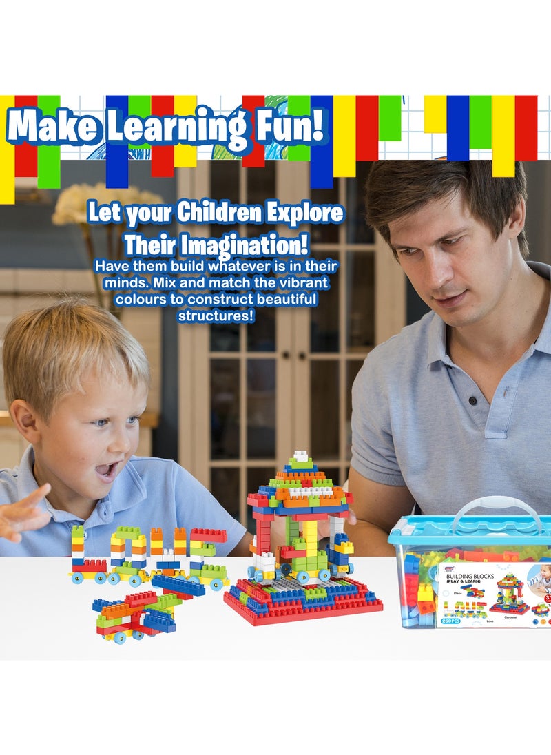 Home Smart Building Blocks Play and Learning for Toddlers Assorted Color Plastic Blocks of 260 PCs Kids Educational Build Playing Toy Blue