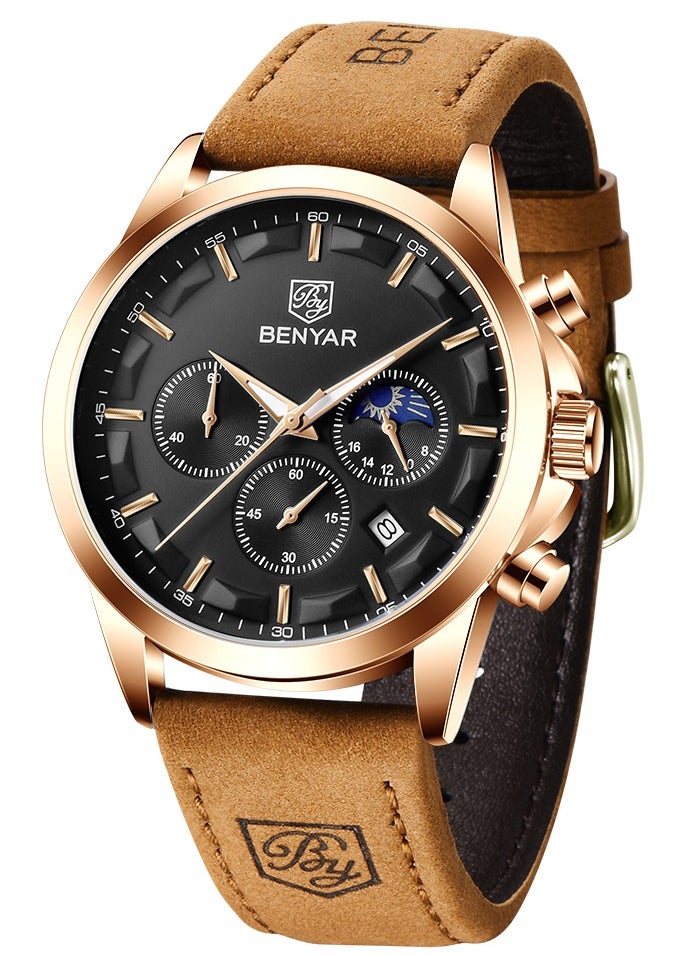 Watches for Men Luxury Quartz Water Resistant Watch Men's Chronograph Genuine Leather Strap 5160 Black
