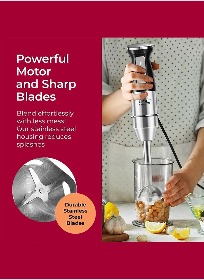 Hand Blender, 4 in 1 Blender, Hand Blender Electric 800W 2-Speed and Turbo Mode, Immersion Blender with 500ml Food Chopper, 600ml Container, Milk Frother, Egg Whisk, for Smoothie Sauces Food Soups