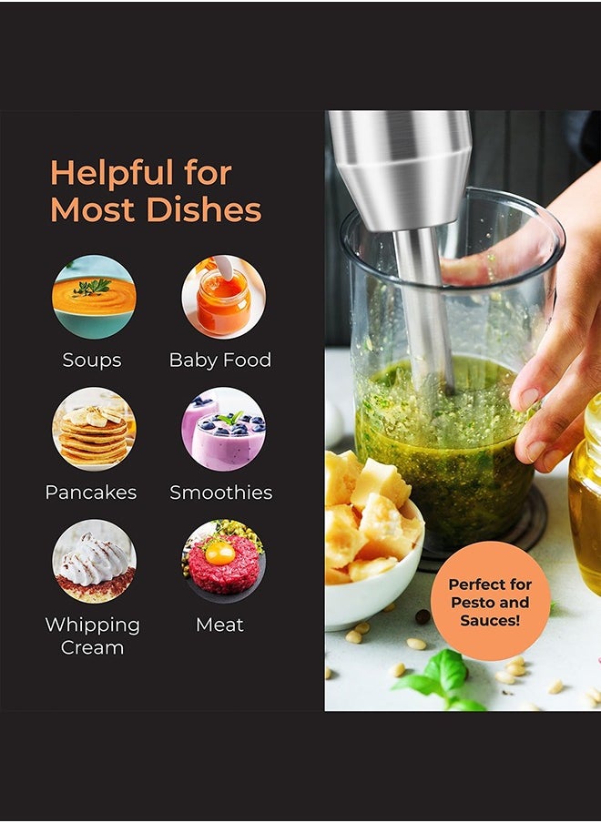 Hand Blender, 4 in 1 Blender, Hand Blender Electric 800W 2-Speed and Turbo Mode, Immersion Blender with 500ml Food Chopper, 600ml Container, Milk Frother, Egg Whisk, for Smoothie Sauces Food Soups