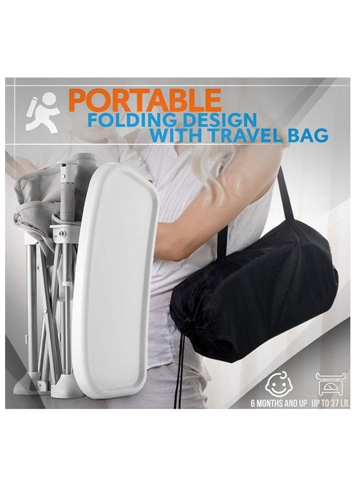 Baby Booster Seat High Chair – Portable Folding Feeding Chair with Safety Straps and Travel Bag, Space Saver Highchair for Toddlers (Grey)