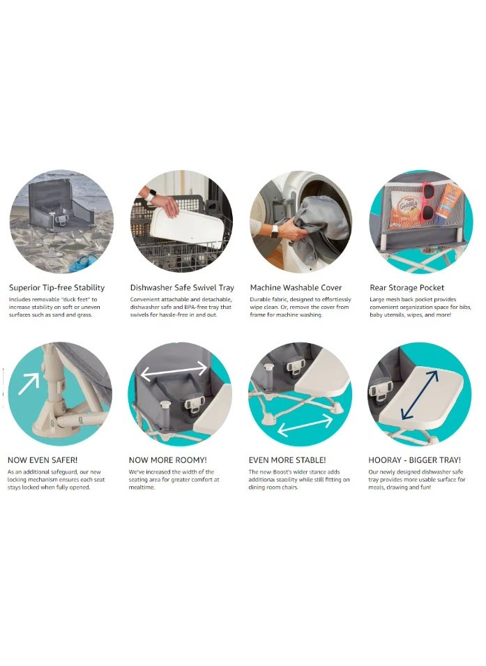 Baby Booster Seat High Chair – Portable Folding Feeding Chair with Safety Straps and Travel Bag, Space Saver Highchair for Toddlers (Grey)