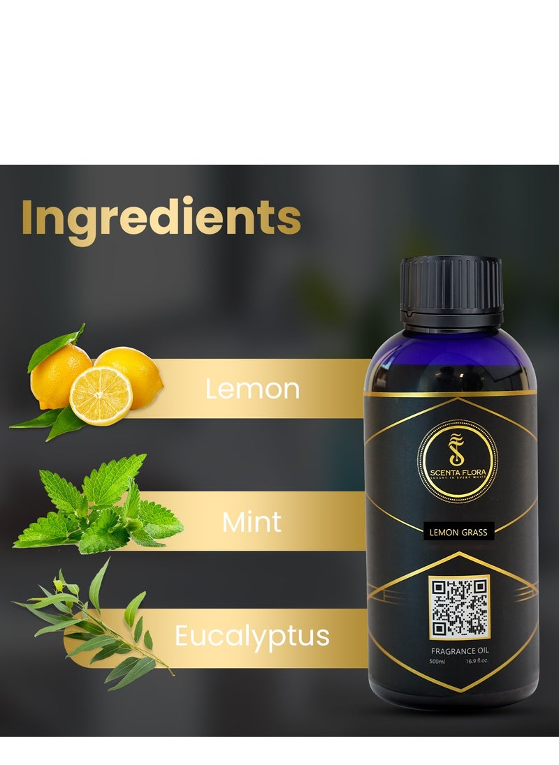 SCENTA FLORA Lemongrass Fragrance Oil Aromatherapy | Refreshing Lemon & Mint Aroma | Perfect for Home, Office & Bathrooms | Long-Lasting Uplifting Scent (500 ml)