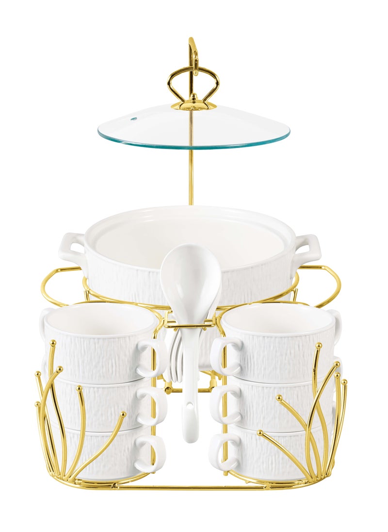 Shallow Amaya 16 Piece Soup Set with Gold Stand - Sophisticated Piece of White Porcelain Dinnerware for a Sumptuous Meal, Soup Bowls