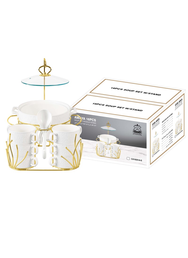 Shallow Amaya 16 Piece Soup Set with Gold Stand - Sophisticated Piece of White Porcelain Dinnerware for a Sumptuous Meal, Soup Bowls