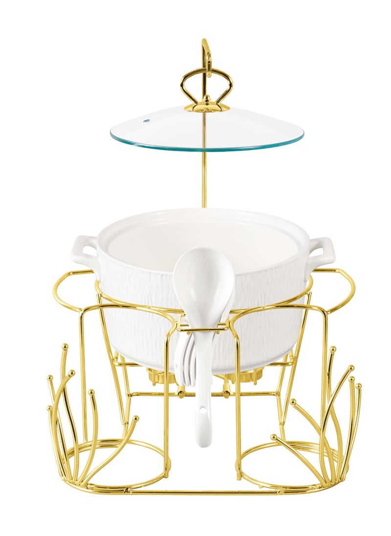 Shallow Amaya 16 Piece Soup Set with Gold Stand - Sophisticated Piece of White Porcelain Dinnerware for a Sumptuous Meal, Soup Bowls