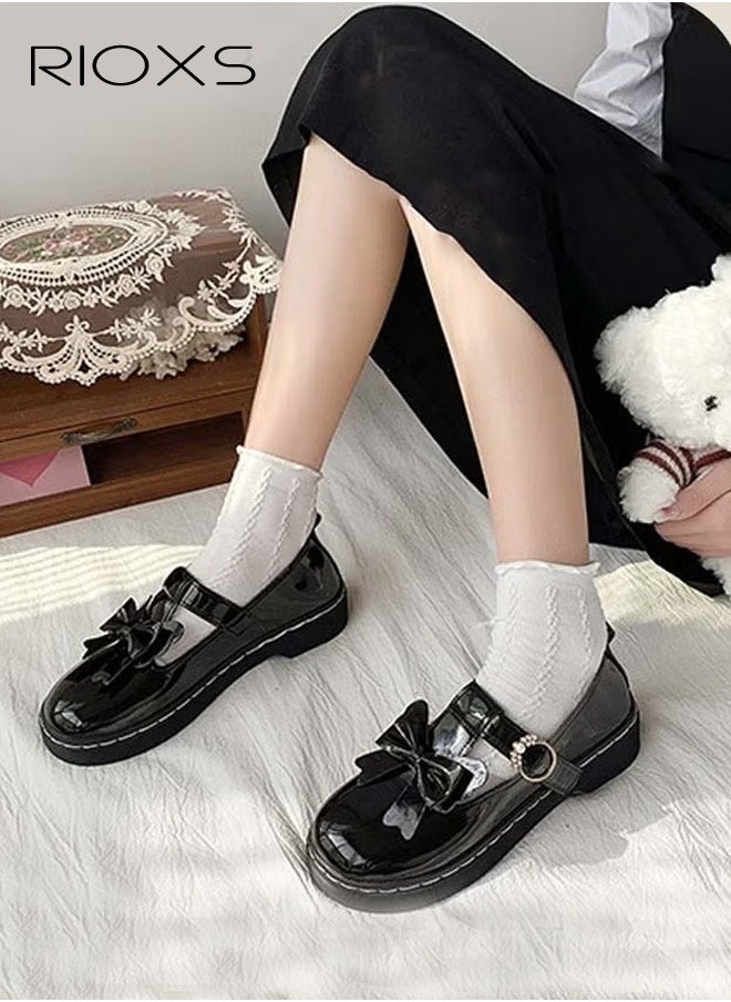 Women's Vintage Lolita Patent Leather Bowknot Mules Shoes Flat Mary Jane Shoes Casual Round Toe Shoes