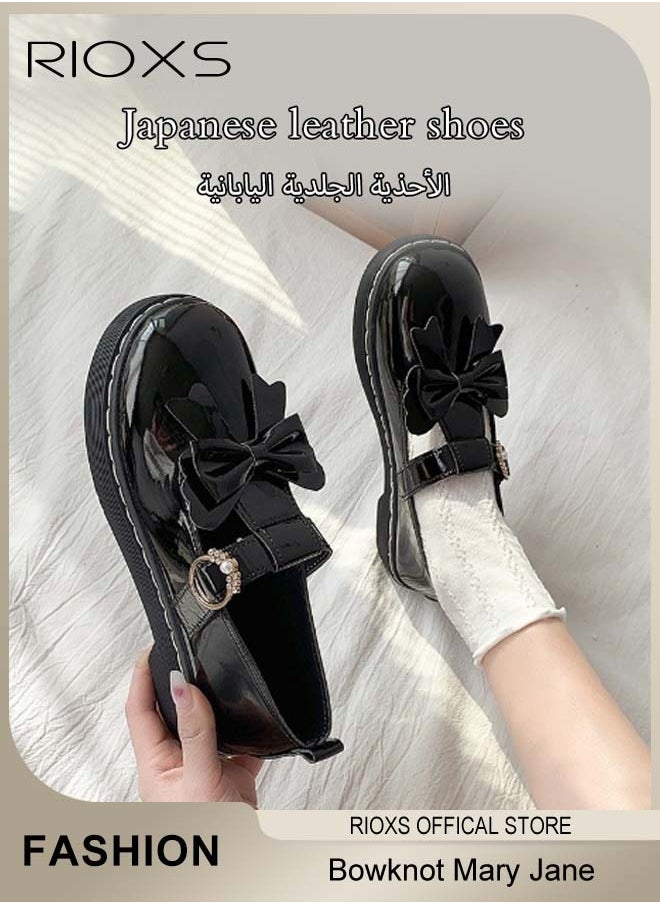 Women's Vintage Lolita Patent Leather Bowknot Mules Shoes Flat Mary Jane Shoes Casual Round Toe Shoes