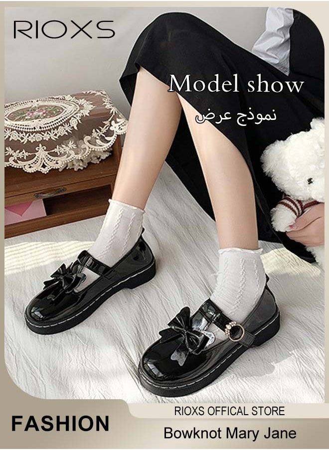 Women's Vintage Lolita Patent Leather Bowknot Mules Shoes Flat Mary Jane Shoes Casual Round Toe Shoes