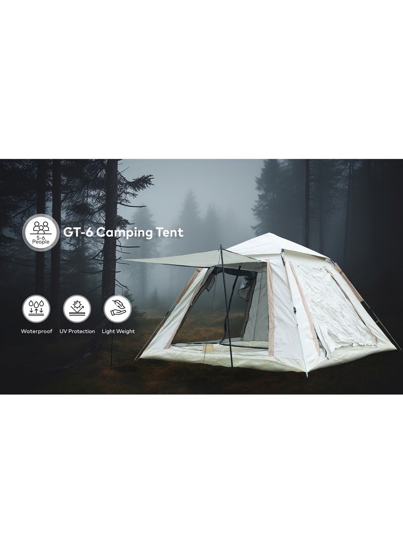 GT-6 Camping Tent / 5-6 People Capacity / 210D Oxford Floor / Polyester Silver Coating Fly / UV Protection / Light Weight / Waterproof / Ventilated Mesh / Windproof Rope - Beige