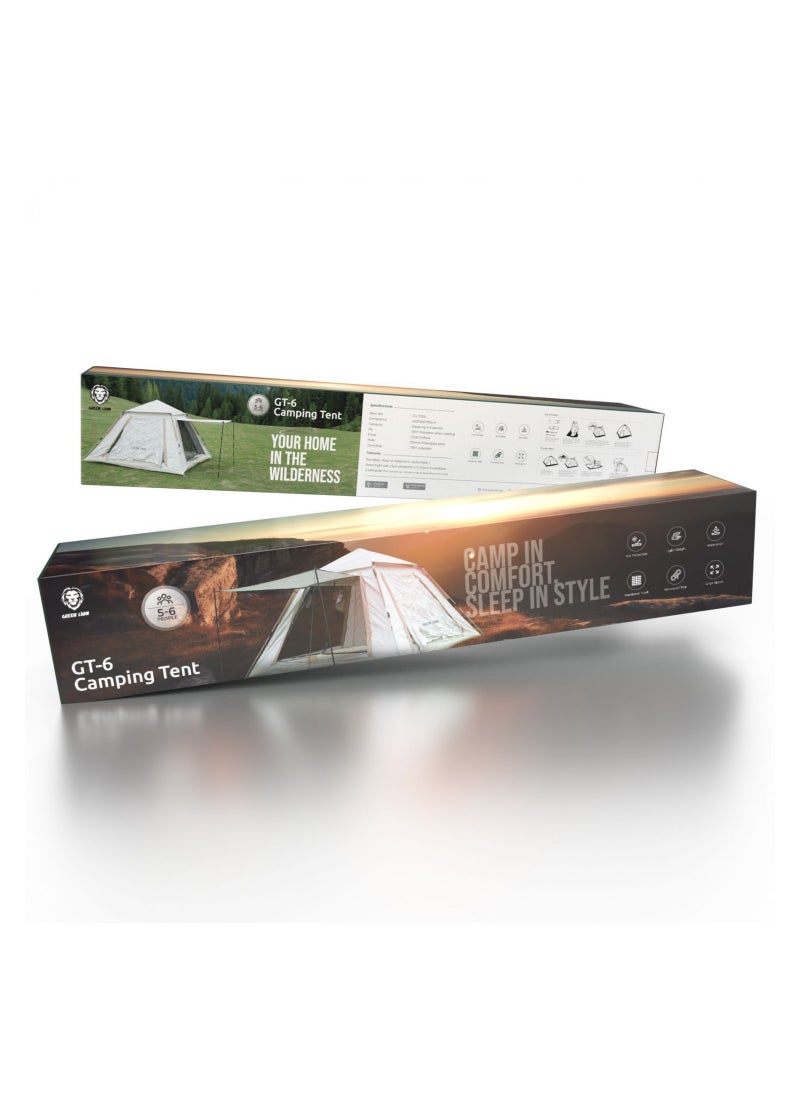 GT-6 Camping Tent / 5-6 People Capacity / 210D Oxford Floor / Polyester Silver Coating Fly / UV Protection / Light Weight / Waterproof / Ventilated Mesh / Windproof Rope - Beige