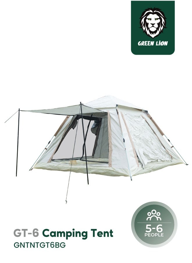 GT-6 Camping Tent / 5-6 People Capacity / 210D Oxford Floor / Polyester Silver Coating Fly / UV Protection / Light Weight / Waterproof / Ventilated Mesh / Windproof Rope - Beige