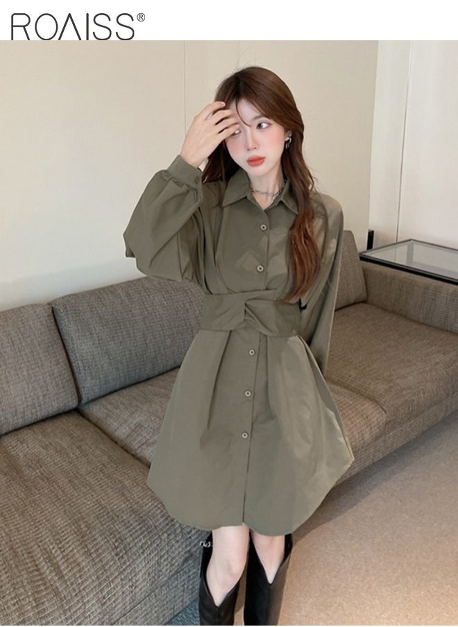 Solid Corset Shirt Dress for Women Ruched Elastic High Waisted Tunic Long Sleeve Blouse Dress Lady Casual Button Breasted down Flowy Comfortable Dresses for Ladies Elegant Temperament Casual Outfit