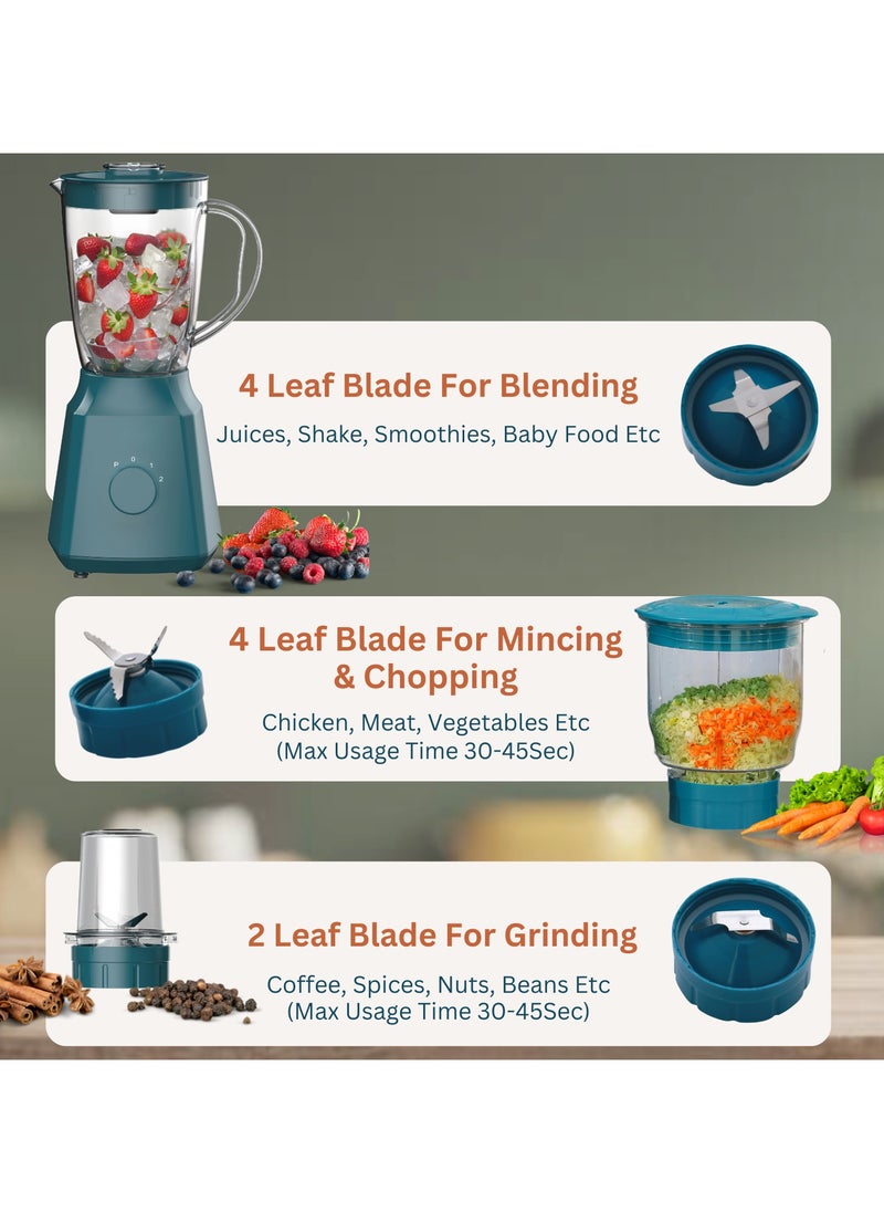 3-in-1 Countertop Blender, 350W, 1.5L Unbreakable PC Jar+ Mincer Chopper & Grinding Mill, Stainless Steel Blades, 2-Speed & Pulse Control, Perfect for Smoothies, Spices & Baby Food Preparation