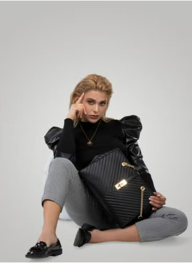 Dulce Tote Bag with Metal Chain Straps - Black