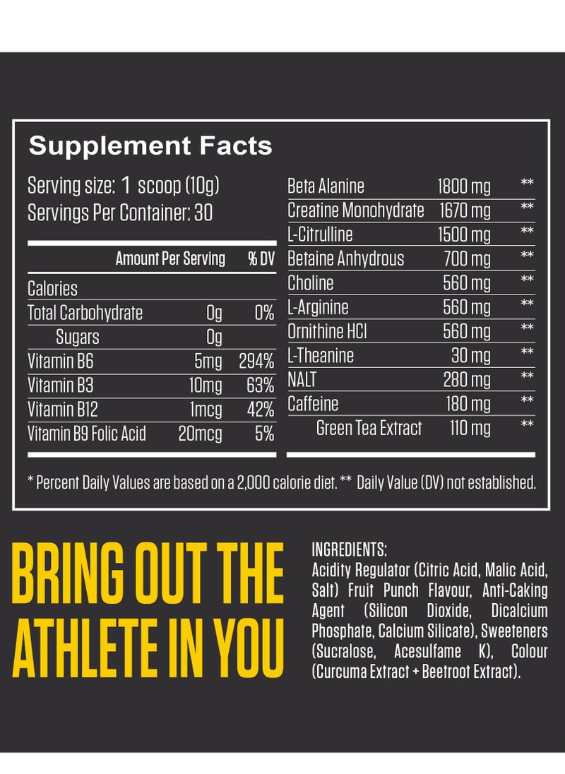 Pre Workout Fruit Punch Powder Increase Energy Muscle Pump and Anti Fatigue 300 Grams