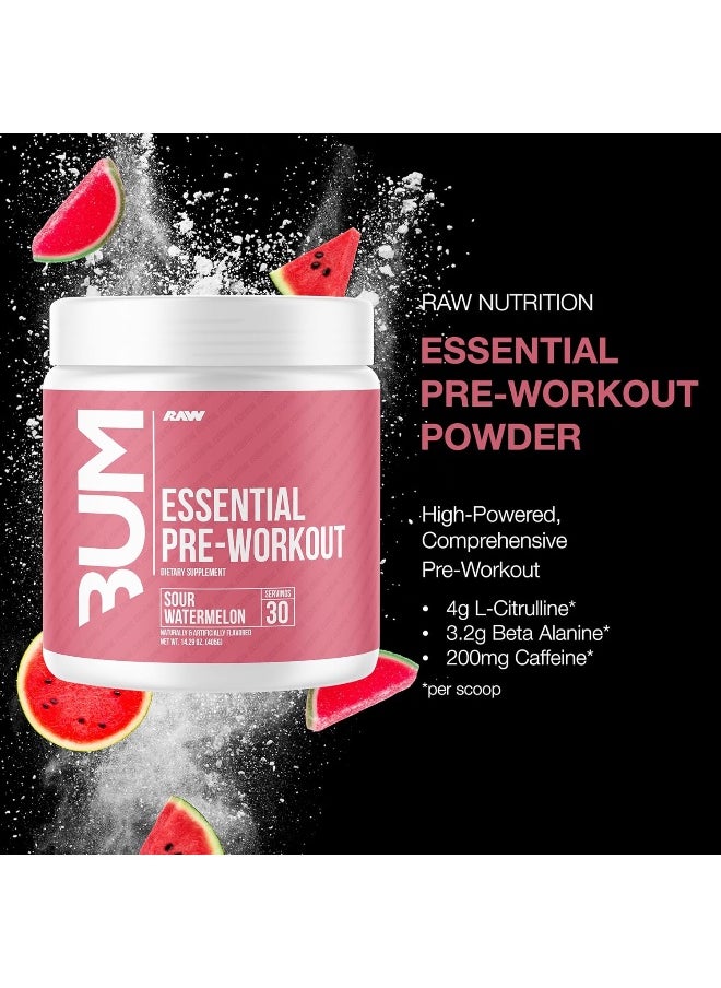 Raw Essential Pre-Workout | Unmatched Energy & Focus | Enhanced Muscle Pumps | For All Athletes | Caffeine Fueled | L-Citrulline Enhanced | Ultimate Workout Boost | Sour Watermelon | 30 Servings