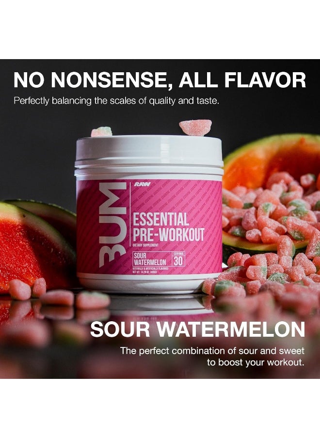Raw Essential Pre-Workout | Unmatched Energy & Focus | Enhanced Muscle Pumps | For All Athletes | Caffeine Fueled | L-Citrulline Enhanced | Ultimate Workout Boost | Sour Watermelon | 30 Servings